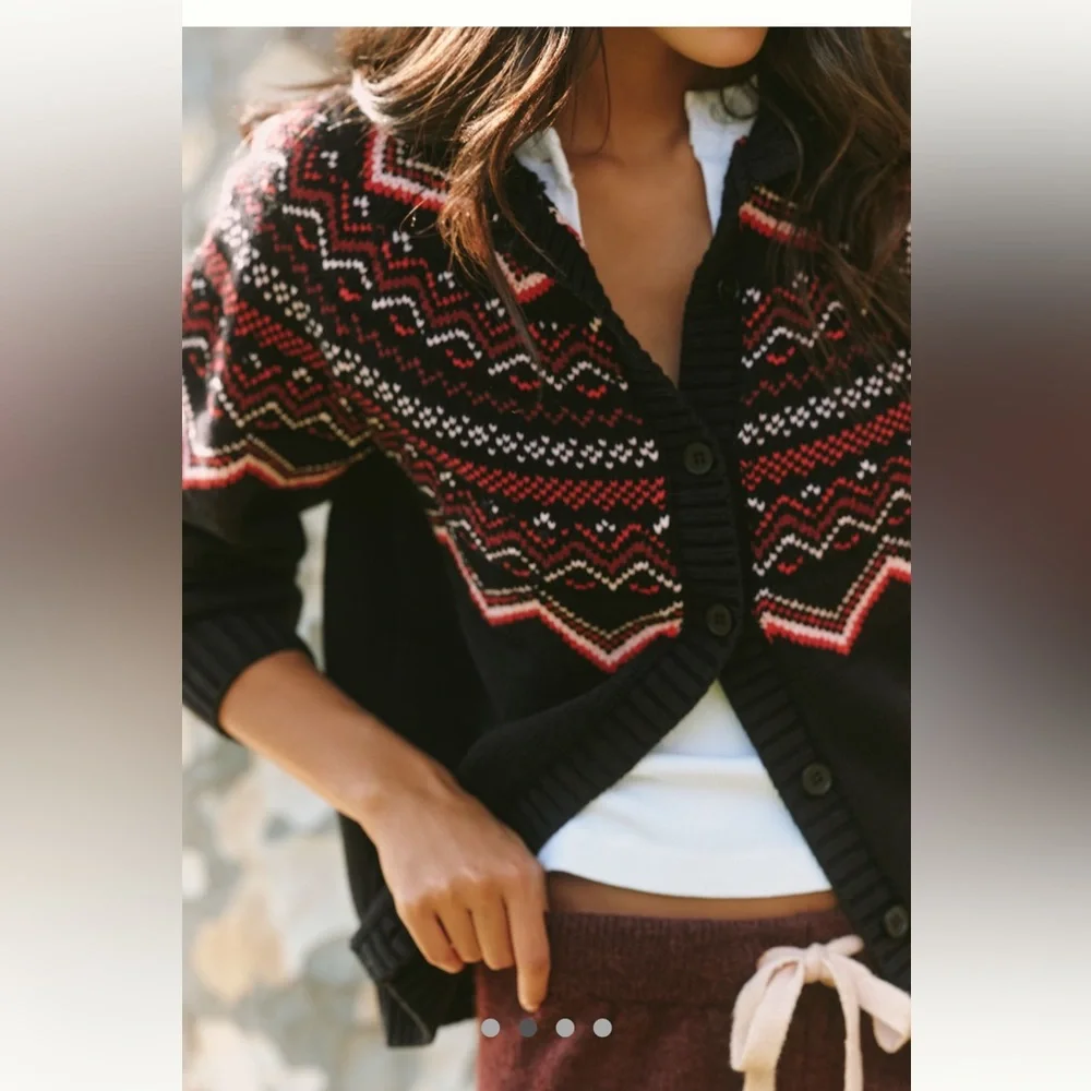 NWT Anthropologie x Beach Riot Black Red Fair Isle Sweater Cardigan Size Small